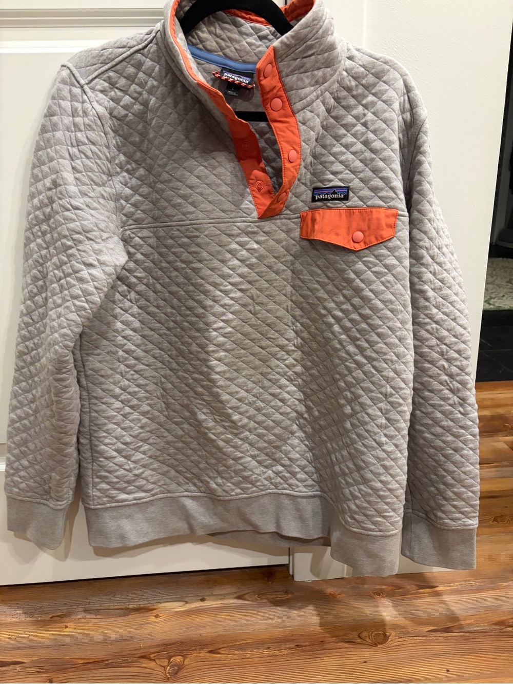 Patagonia Quilted Pullover Sweatshirt - Light Gray with Orange Trim